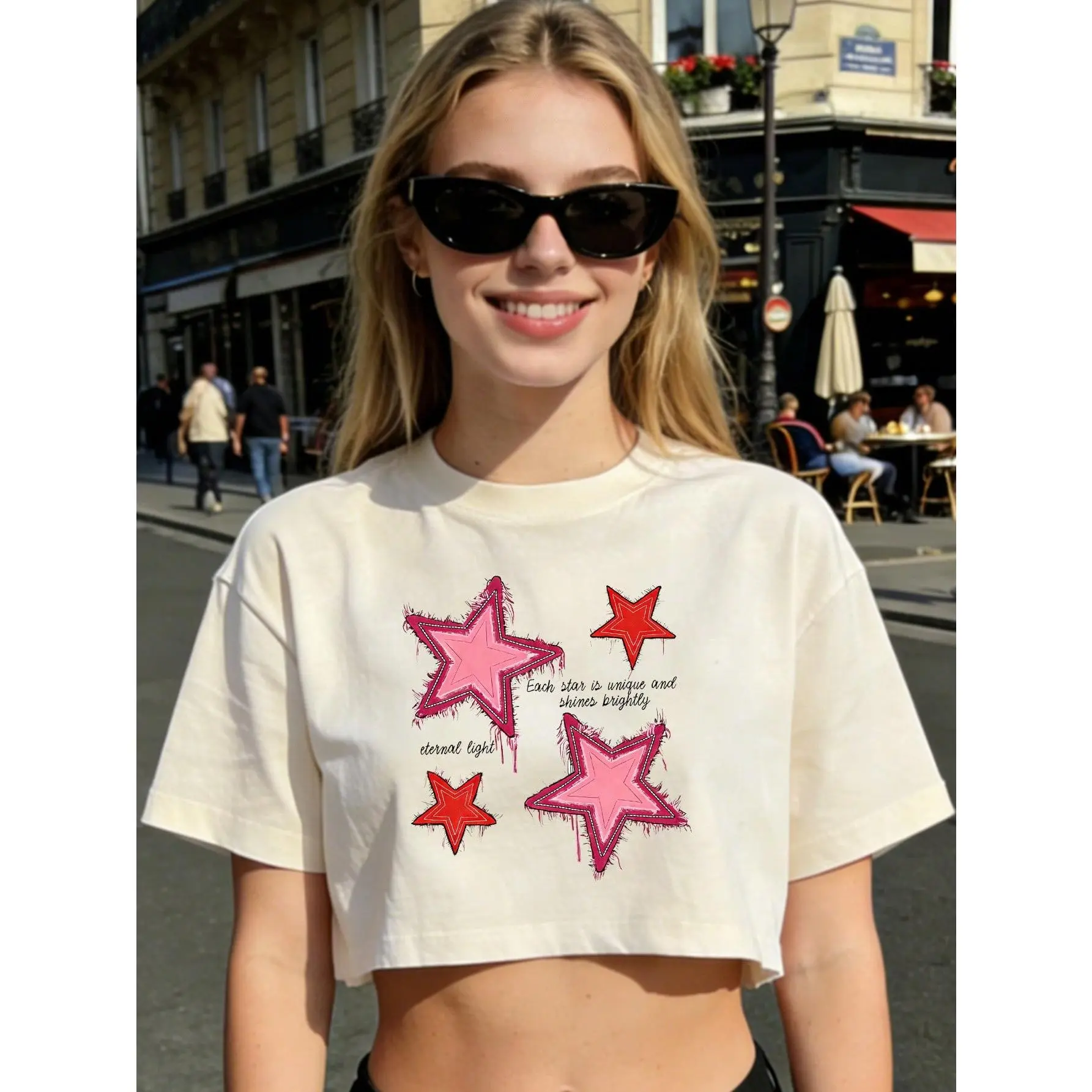 Women's Knitted Crop Pullover - Lightweight Short-Sleeve Star Print T-Shirt, Breathable Geometric Accent Casual Sports Top for Outdoor Use