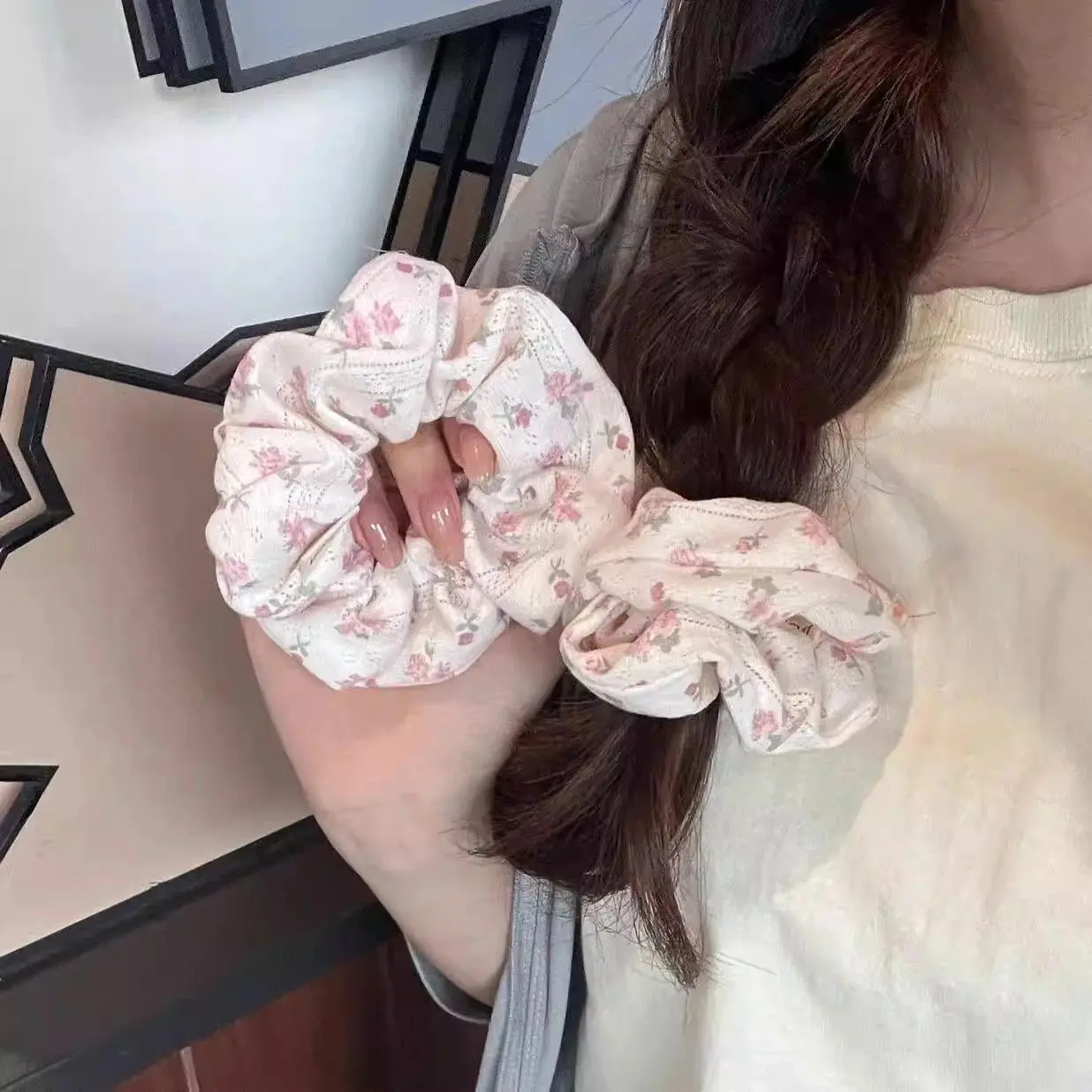 Pink Floral Scrunchies for Girls & Women, Cute White Flower Hair Ties, Soft Cotton Fabric Hair Accessories, Stretchy Ponytail Holders for Everyday Wear, School & Gifts