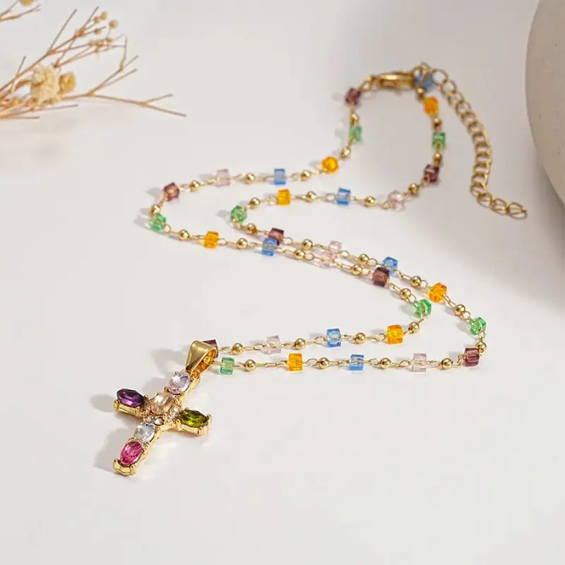 Rainbow Cross Pendant Necklace, Dainty Multicolor Faith Jewelry, Y2K Vintage Style Fashion Accessory for Women