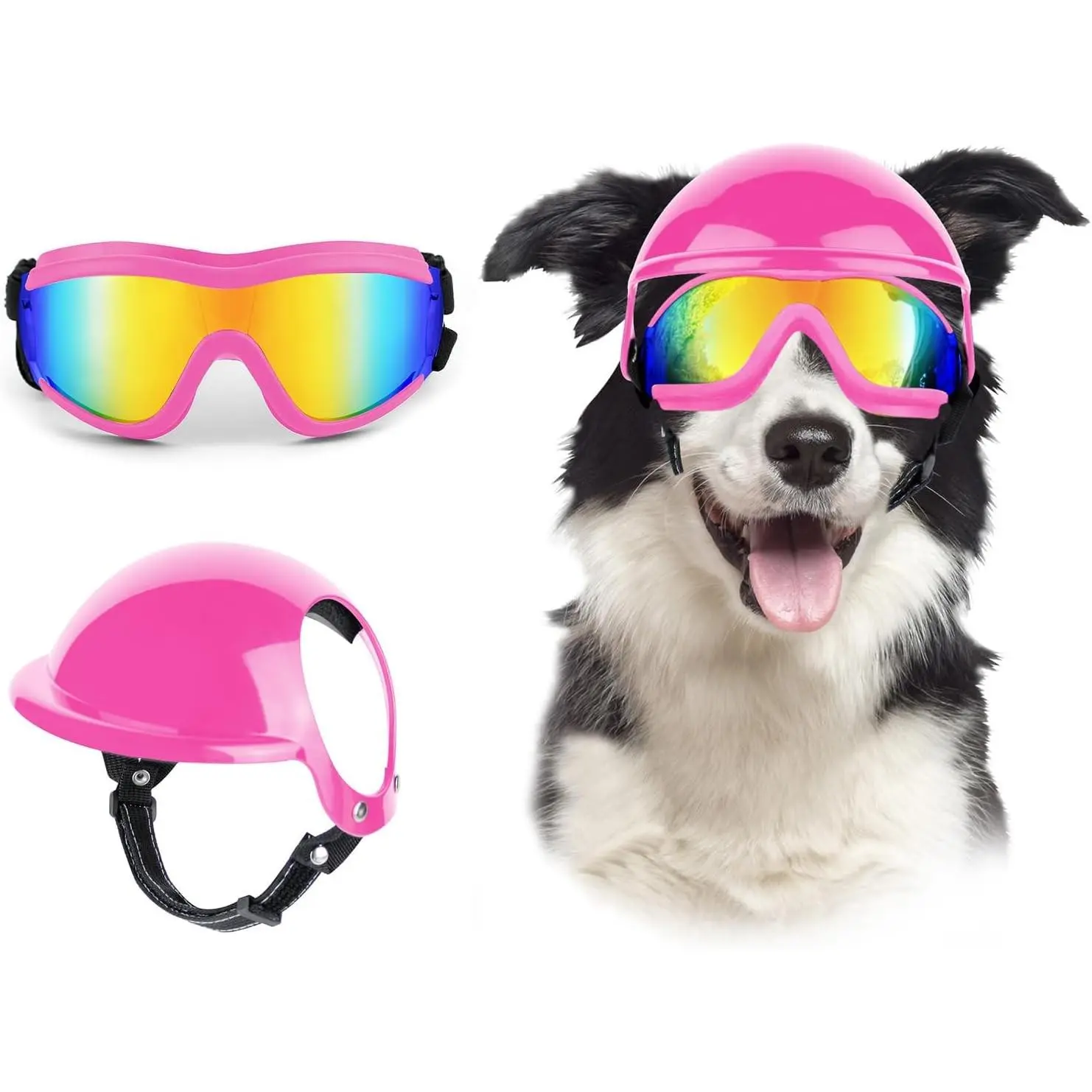 Dog Goggles+Helmet Set for Medium to Large Dogs - Adorable Look, PC Lens/ABS Material, Anti-Dust UV Protection, Breathable Holes, Eye Safety, Adjustable Pet Glasses, Durable Motorcycle Helmet, Pink