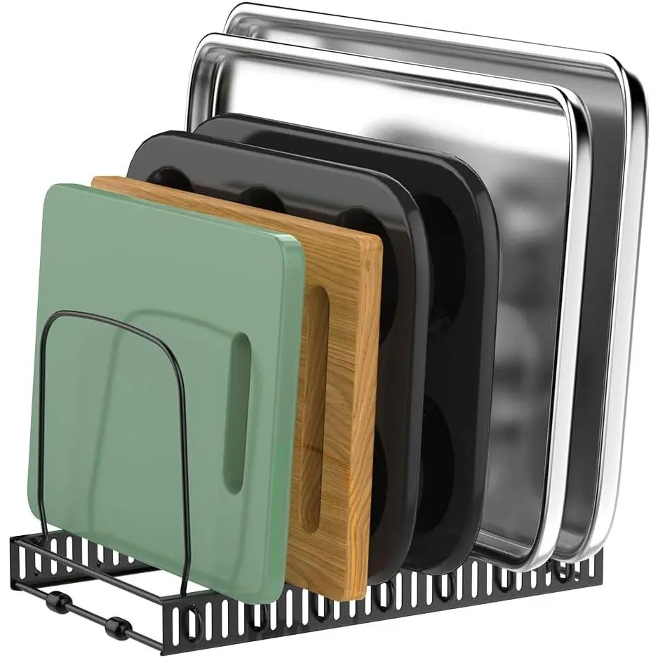 Board and Baking Tray Cookie Sheet Organizer, Black | 7 Adjustable Dividers, Sturdy Metal Construction, Easy Assembly