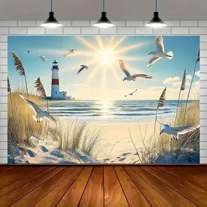 Coastal Lighthouse & Seagulls Tapestry, Serene Beach Ocean Scene Wall Decor, Summer Nautical Party Backdrop, Living Room Aesthetic Hanging