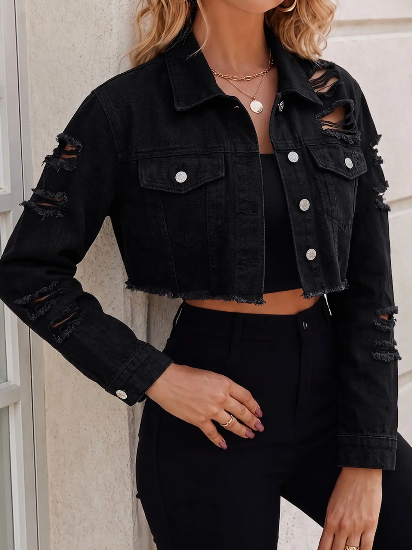 Women's Distressed Crop Denim Jacket, Ripped Frayed Hem, Y2K Streetwear Punk Style, Raw Edge Short Coat, Trendy Fashion Outerwear, Casual