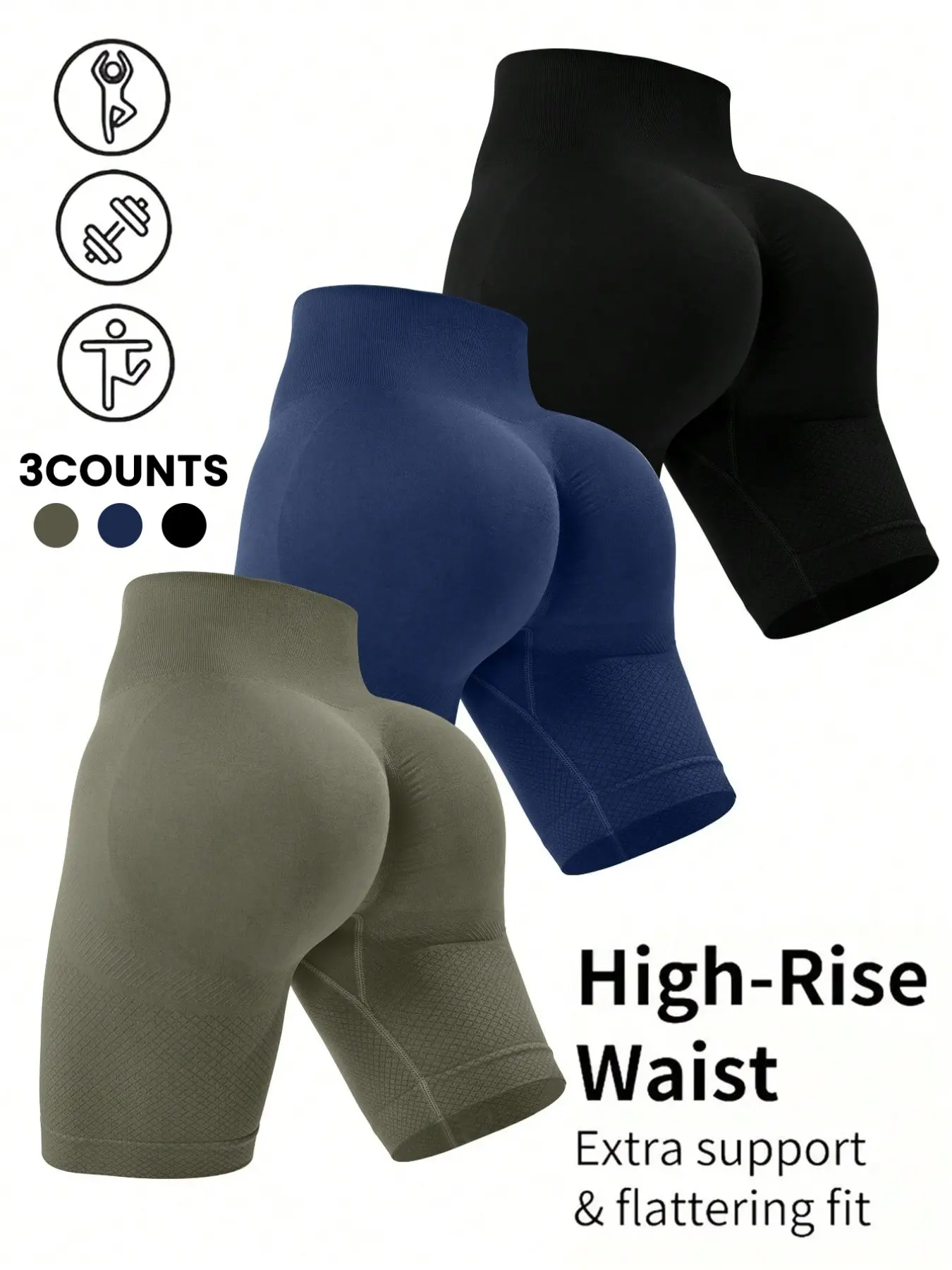 Ladies 3‑Counts Seamless High‑Rise Biker Shorts Elastic Waistband Tummy Control Butt Lift Slim Fit Athletic Cycling Shorts For Gym Yoga Daily Sports