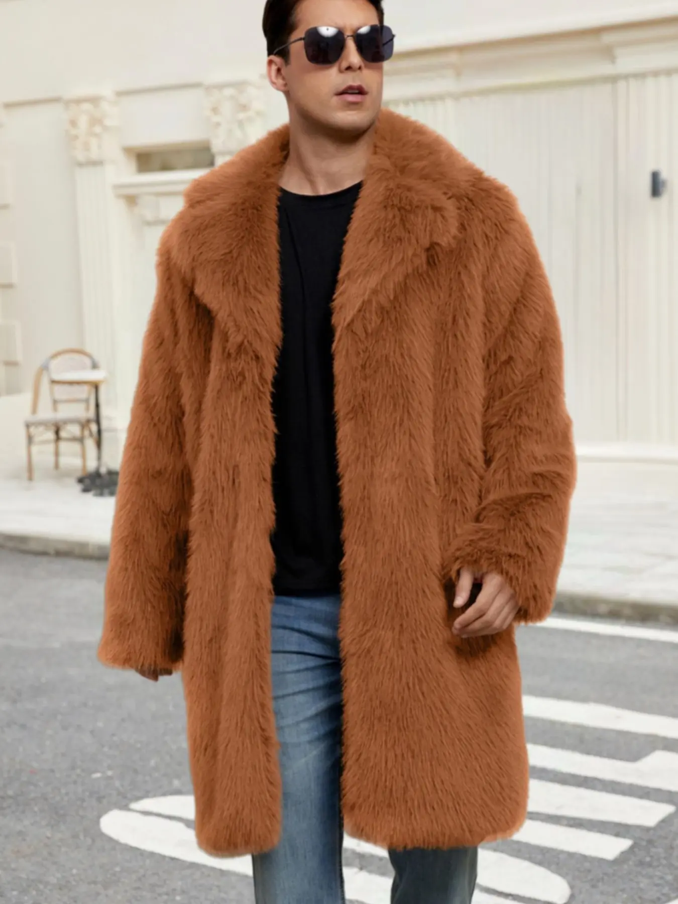 New Men's Long Winter Coat, Long Sleeve Warm Fuzzy Jacket, Casual Placket Shirt, Plain Surface, Heavyweight (88.2g/m²), No Ca Prop 65