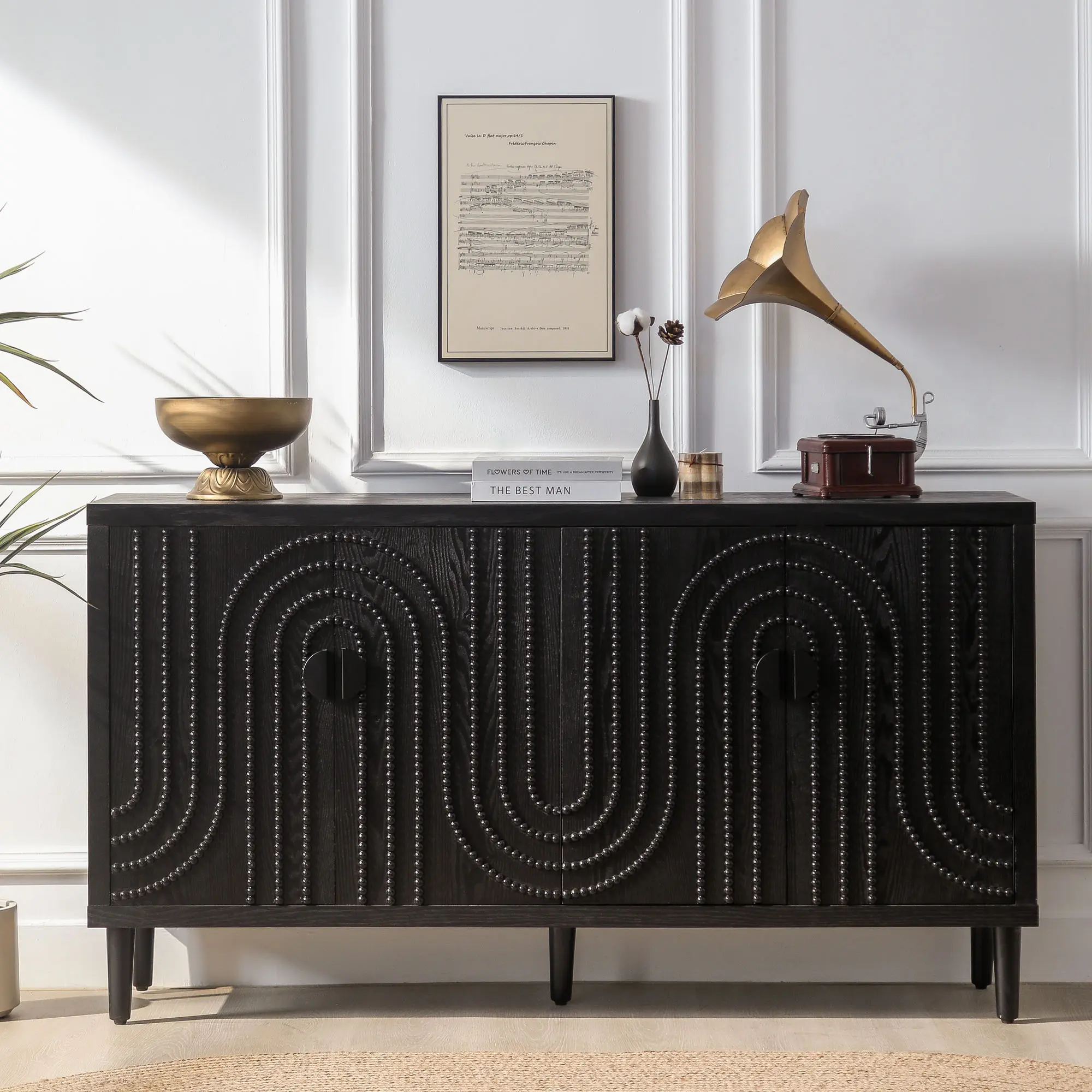 ARCH Modern Black Sideboard Cabinet - Furniture with Decorative Nailhead Accents, Sturdy Single Unit, Stylish Storage Buffet with Multiple Shelves & Cabinets, Assembly Required, Exact Dimensions Not Provided, for Dining Room & Living Room, Consult Manual