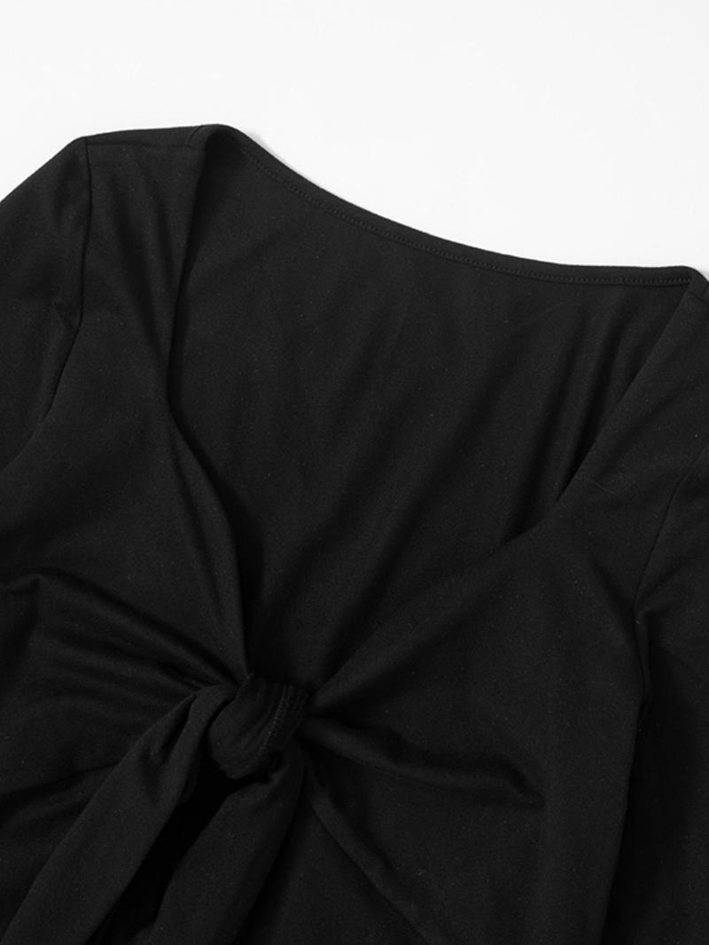 Women's Solid Knot Front Split Hem Tee, Casual Long Sleeve Sweetheart Neck T-Shirt for Fall, Women's Clothing for Daily Wear