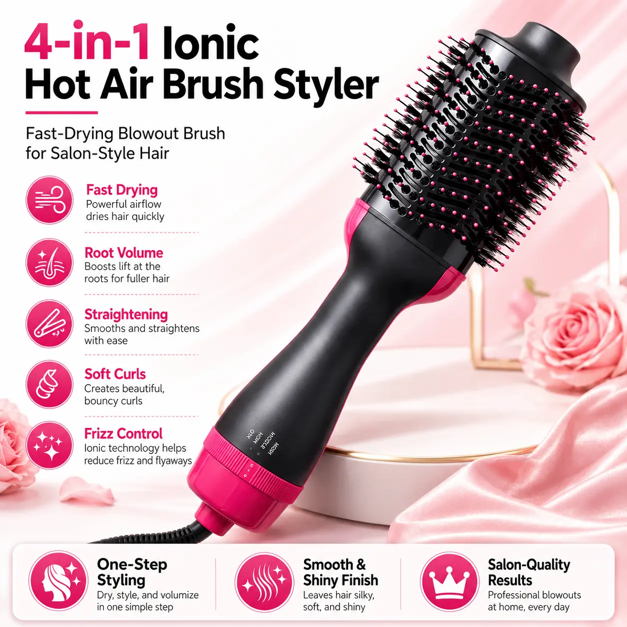 4-in-1 One-Step Ionic Hot Air Brush Styler – Fast-Drying Blowout Brush for Root Volume, Sleek Straightening, Soft Curls & Smooth Frizz-Controlled Salon-Style Hair
