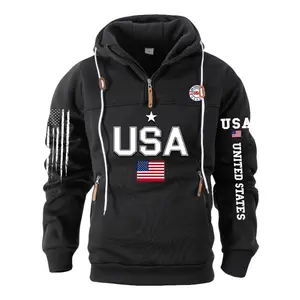 Men’s USA Hoodie, Quarter Zip Pullover Sweatshirt with Flag Print, Hooded Casual Top with Zipper Pockets