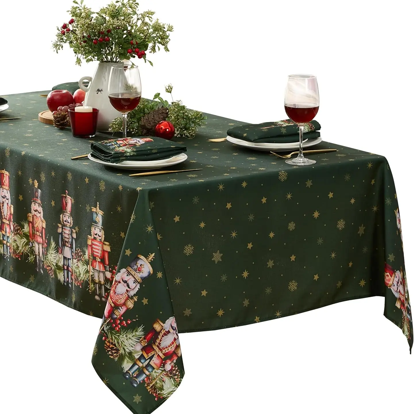 2D Flat Party Tablecloth 1pc, Christmas Nutcracker Border Rectangular Polyester Tablecloth, Hunter Festival Tablecloth for Dinner and Banquet