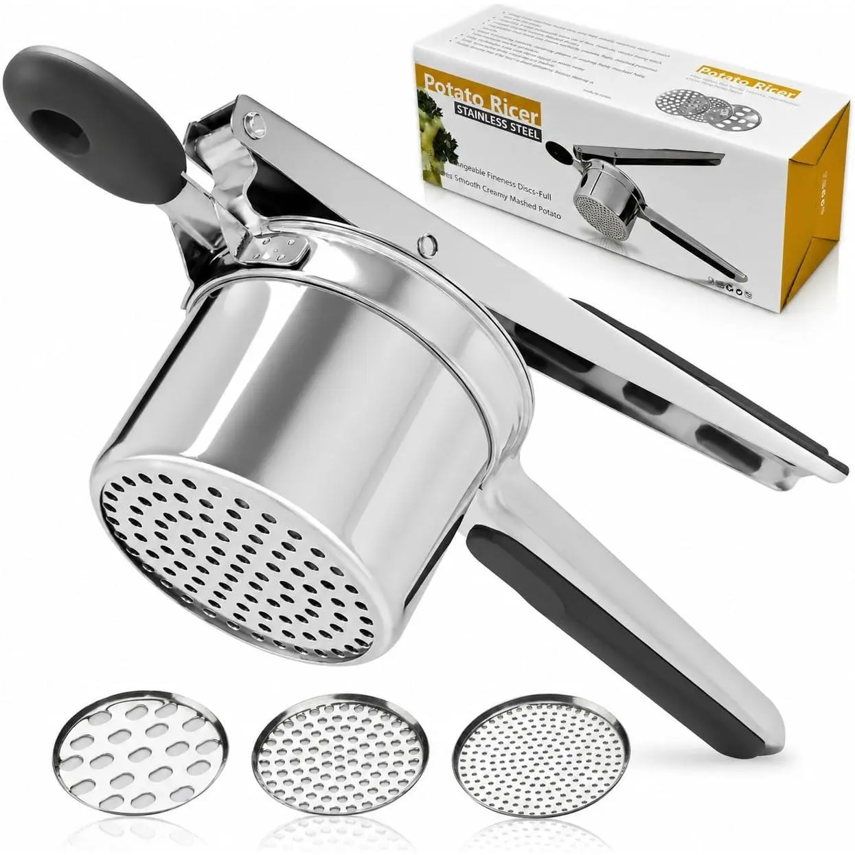 15oz Heavy-Duty Stainless Steel Potato Ricer with 3 Interchangeable Discs, Silicone Grip Handle, Multi-Use Kitchen Press for Mashed Potatoes, Fruit & Veggie Juicing