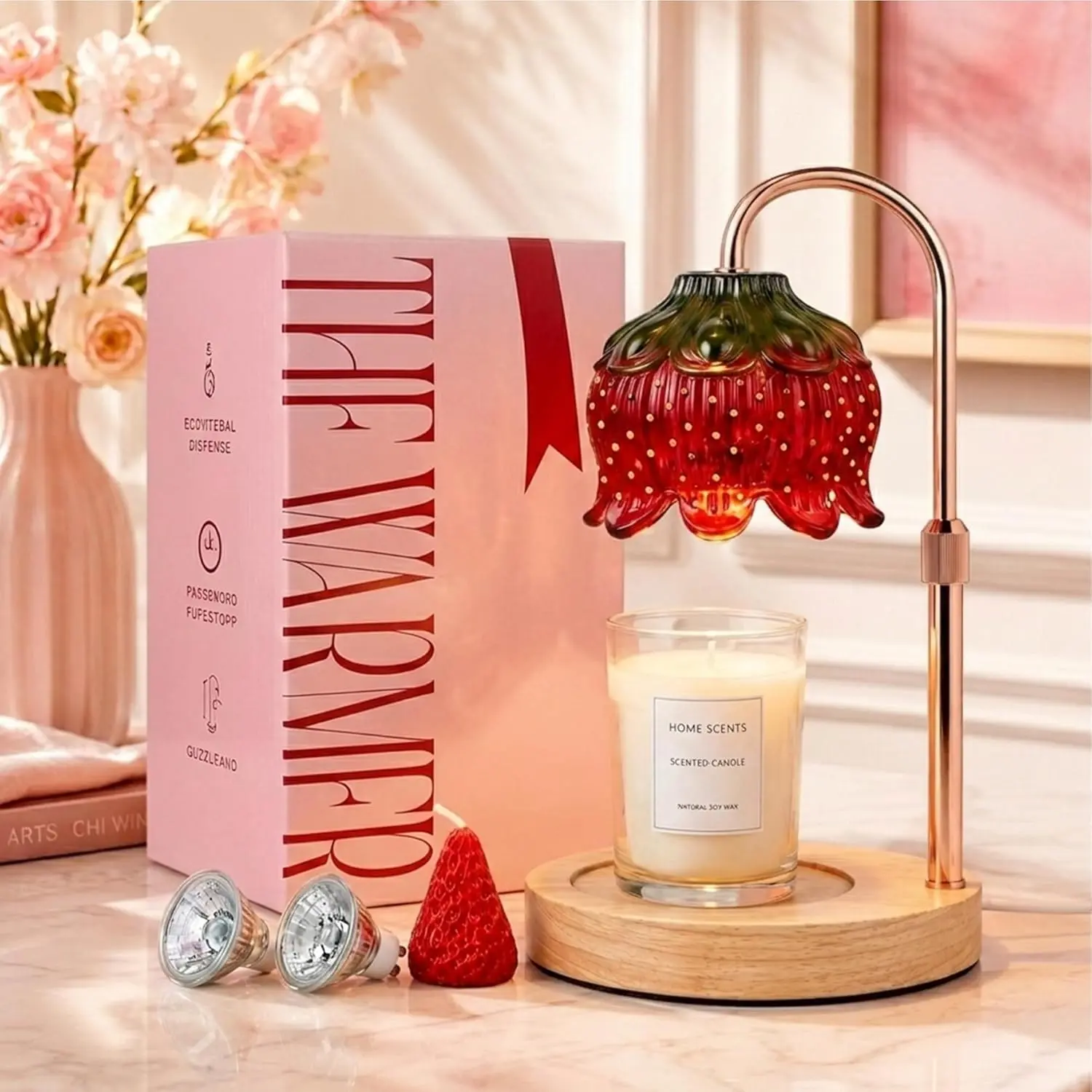 Strawberry Candle Warmer Lamp with Timer - Adjustable Height with Dimmable Warmer Lamp with Two Bulbs for All Candle Jars - Cute Strawberry Decor Gifts for Birthday Valentine Day for Women