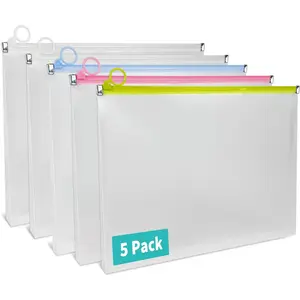 5 Pack Clear Plastic Zip Envelopes, Heavy Duty 9 x 12 Inch Expanding File Pouches, Multicolor Document Holders for Office & School Use