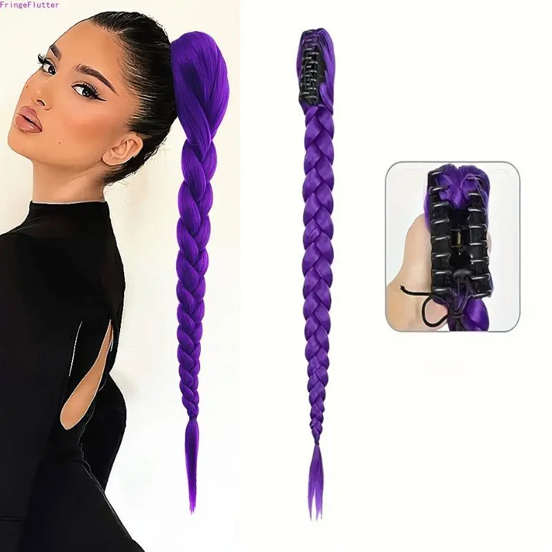 Long Braided Ponytail Wig with Purple Synthetic Hair, Boxer Braids Plait Style Easy-Wear Hair Extension, Natural Fluffy Statement Hair Piece for Music Festivals, Cosplay, Parties & Street Style Outfits