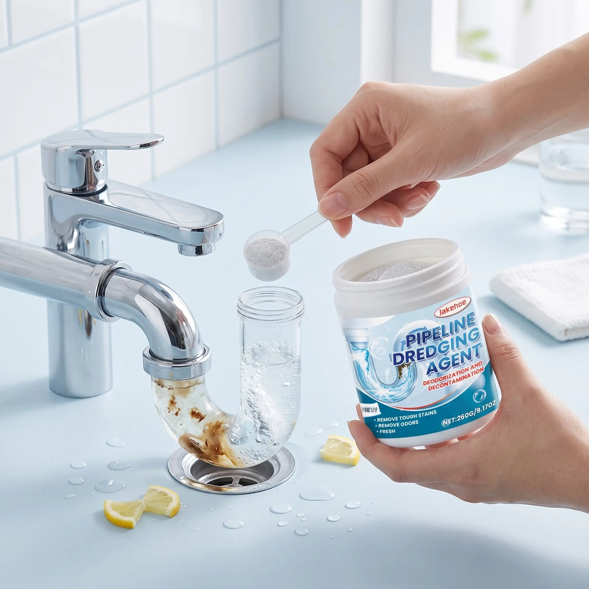 Jakehoe Powerful Drain Unblocker Powder, Dissolves Clogs Quickly, Deodorizes and Removes Odors, Gentle on Pipes, Ideal for Kitchen and Bathroom