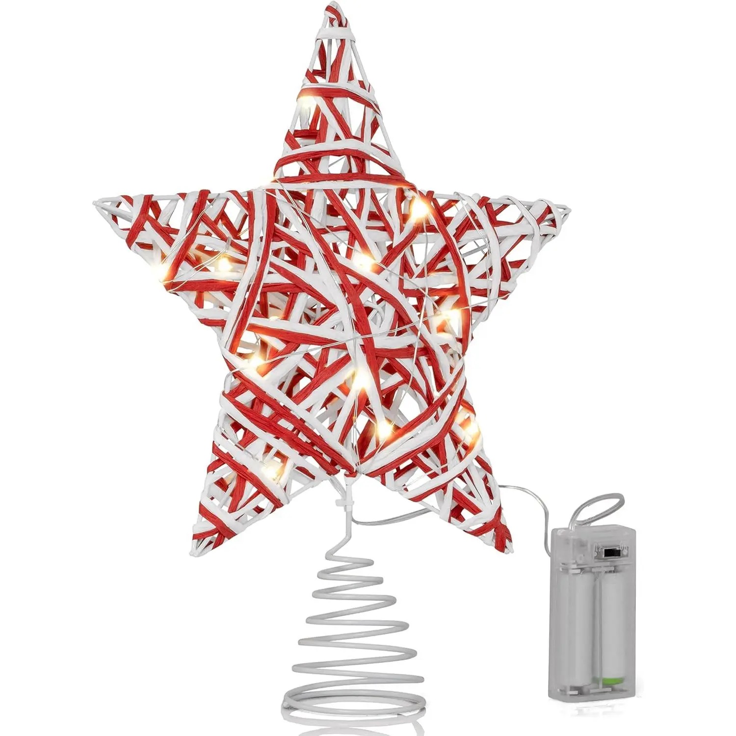 Christmas  Rattan Tree Topper - Red and White Xmas Holiday Decor Rustic LED Lights Light Up  Topper Ornament Decoration 12"
