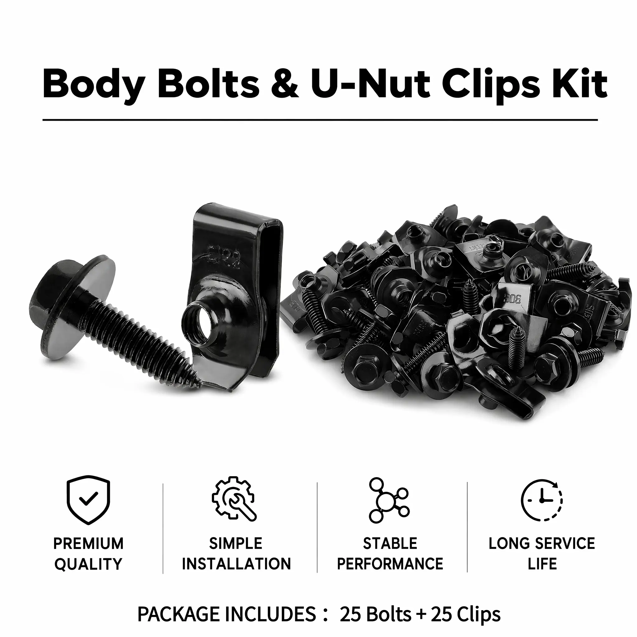50PCS 1/4 Body Bolts & U-Nut Clips Kit for Fender Bumper Engine Cover Splash Shield Fastener Retainer Clips, Automotive Universal Screws Black (25 Sets) -YY1