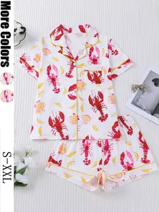 Women's Sleepwear Set, Short Sleeve Lapel Button Soft Top & Elastic Shorts, Casual Home Wear, Comfortable Daily, Pajama Set, Lounge Pajama Style, Loungewear, Homewear, Womenswear, Lady, Pjs