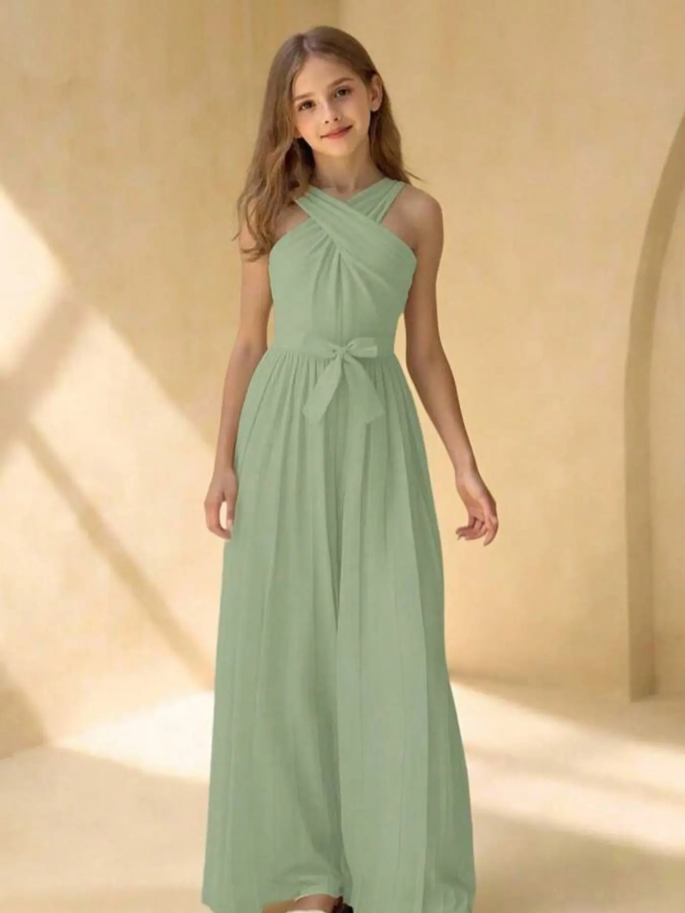 Elegant Girl Party Jumpsuit, Casual Summer Jumpsuits, Sleeveless Cross Neck Waist Ruched Butterfly Knot, Teenage Girls Fashion, Casual Slim-Fit Dress