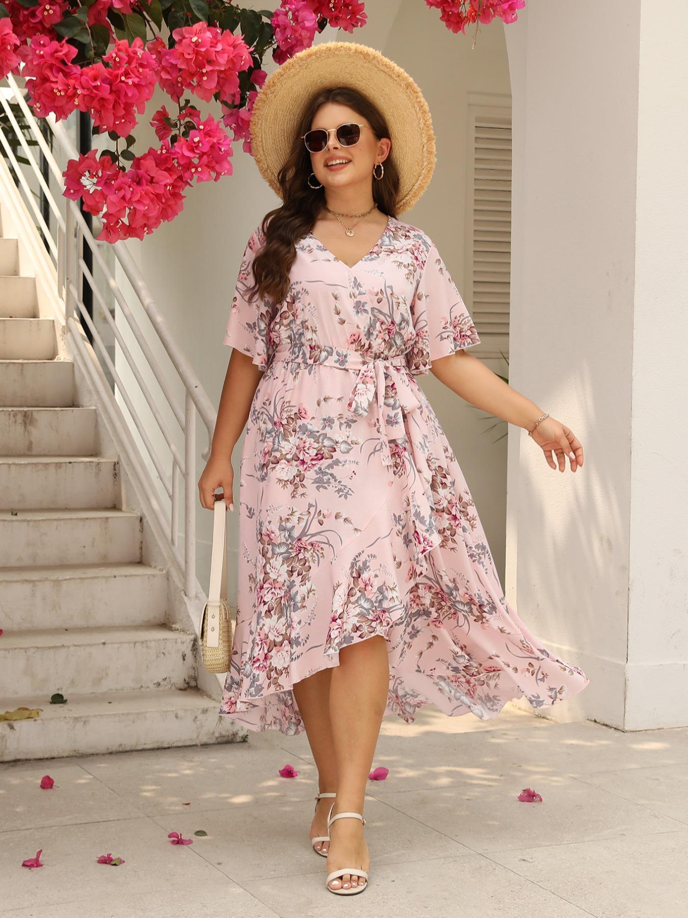 Plus Size Floral Print Ruffle Hem Belted Wrap A Line Dress, Boho Butterfly Sleeve V Neck High Low Midi Dress, Women Casual Clothing for Spring & Fall