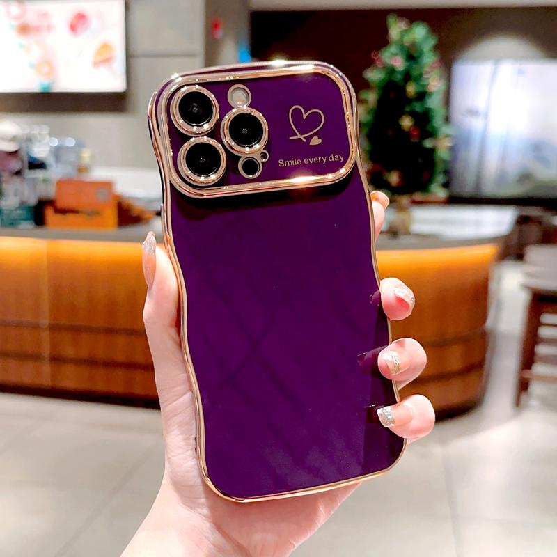 OREKROY [FreeShip] Cute Wave Shape with Love Heart Raised Camera Protection Phone case For iPhone 16 15 14 13 1211 Pro Max Accessories Durable Silicone Shiny Silicone Shiny Wavy