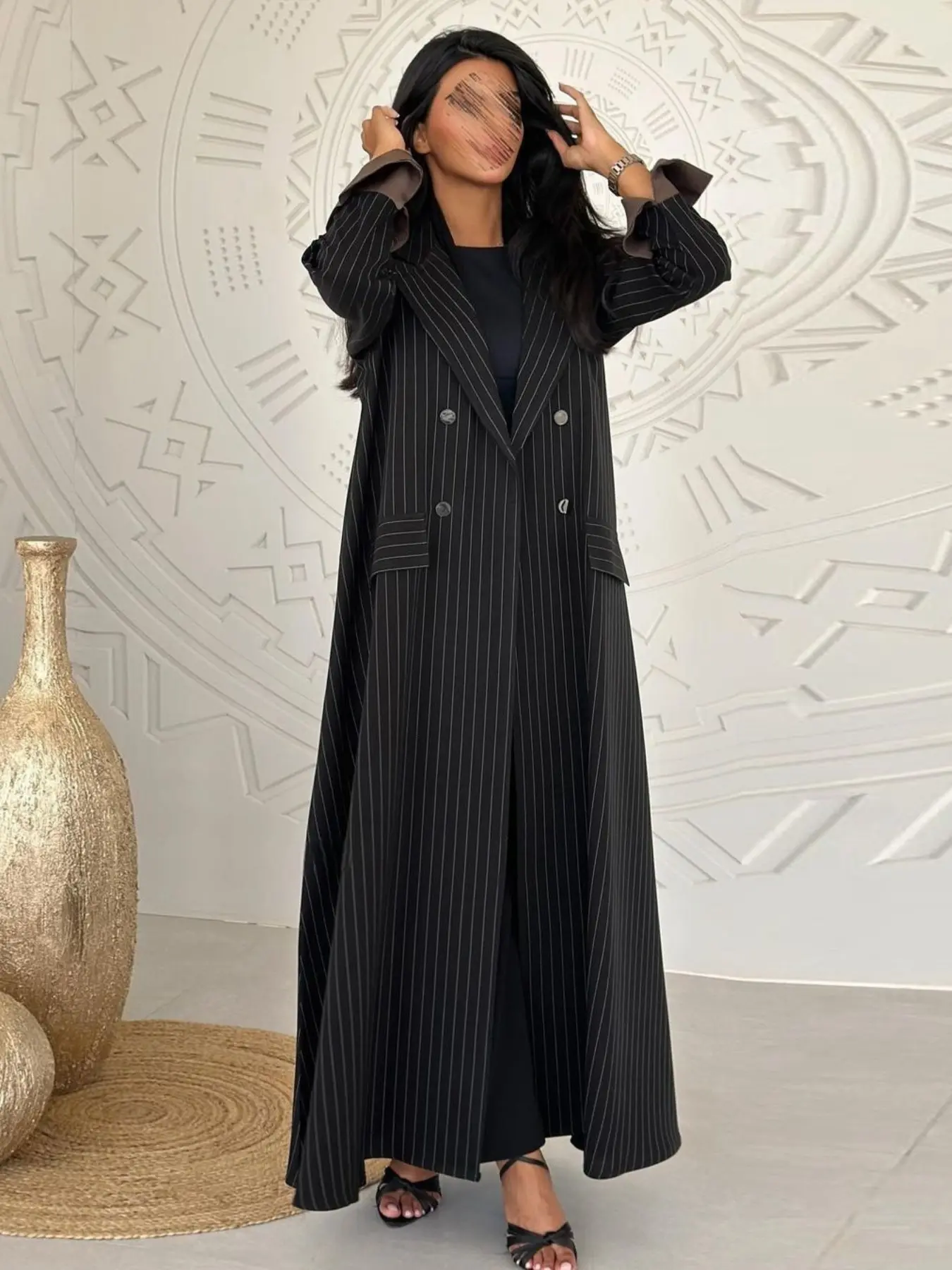 Hafizah Women's Striped Versatile Office Clothes Blazer Collar Double Button Long Coat, Colorblock Sleeve Open Front Outerwear, Elegant Casual Style