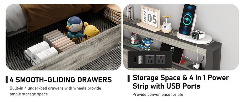 Queen Size Bed Frame with 4 Storage Drawers and Headboard with Charging Station and LED Lights,2 Tier Solid Wood Headboard Storage/Noise Free/No Box Spring Needed/Remote Control/Rustic Grey Queen Size Bed Frame with 4 Storage Drawers and Headboard with Charging Station and LED Lights,2 Tier Solid Wood Headboard Storage/Noise Free/No Box Spring Needed/Remote Control/Rustic Grey