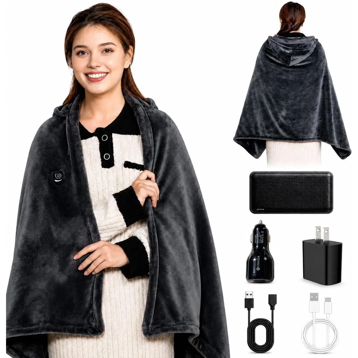 Cordless Heated Blanket with Hood, Rechargeable Wearable Heated Blanket Battery Powered, Lasting Battery, 9 Heating Zones, 3 Levels, Portable Heated Throw, Camping (Warm Stone Gray)