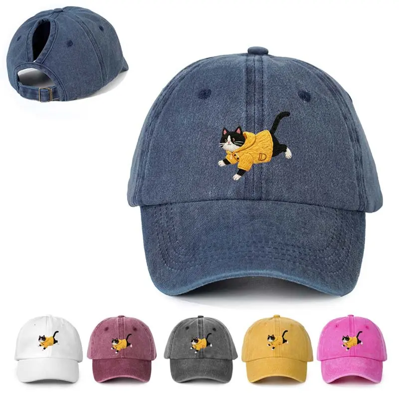 Y2K Viral Embroidered Hoodie Cat Baseball Cap | washed cotton denim adjustable strapback hat tuxedo kitten graphic animal embroidery pet lover gift daily casual headwear summer holiday