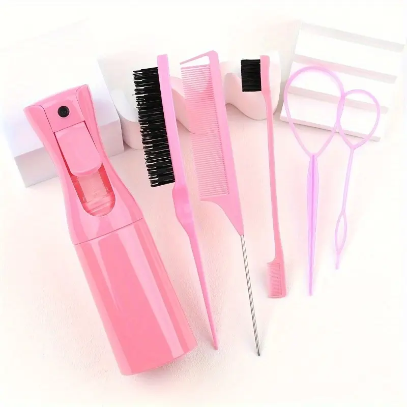6pcs Women's Hair Styling Set, Includes Teasing Brush, Rat Tail Comb, Braid Rings, Edge Control Brush & Hair Spray Bottle, Professional Hair Styling Kit & Hair Accessories for Braiding, Home Styling Tool, Salon Supplies