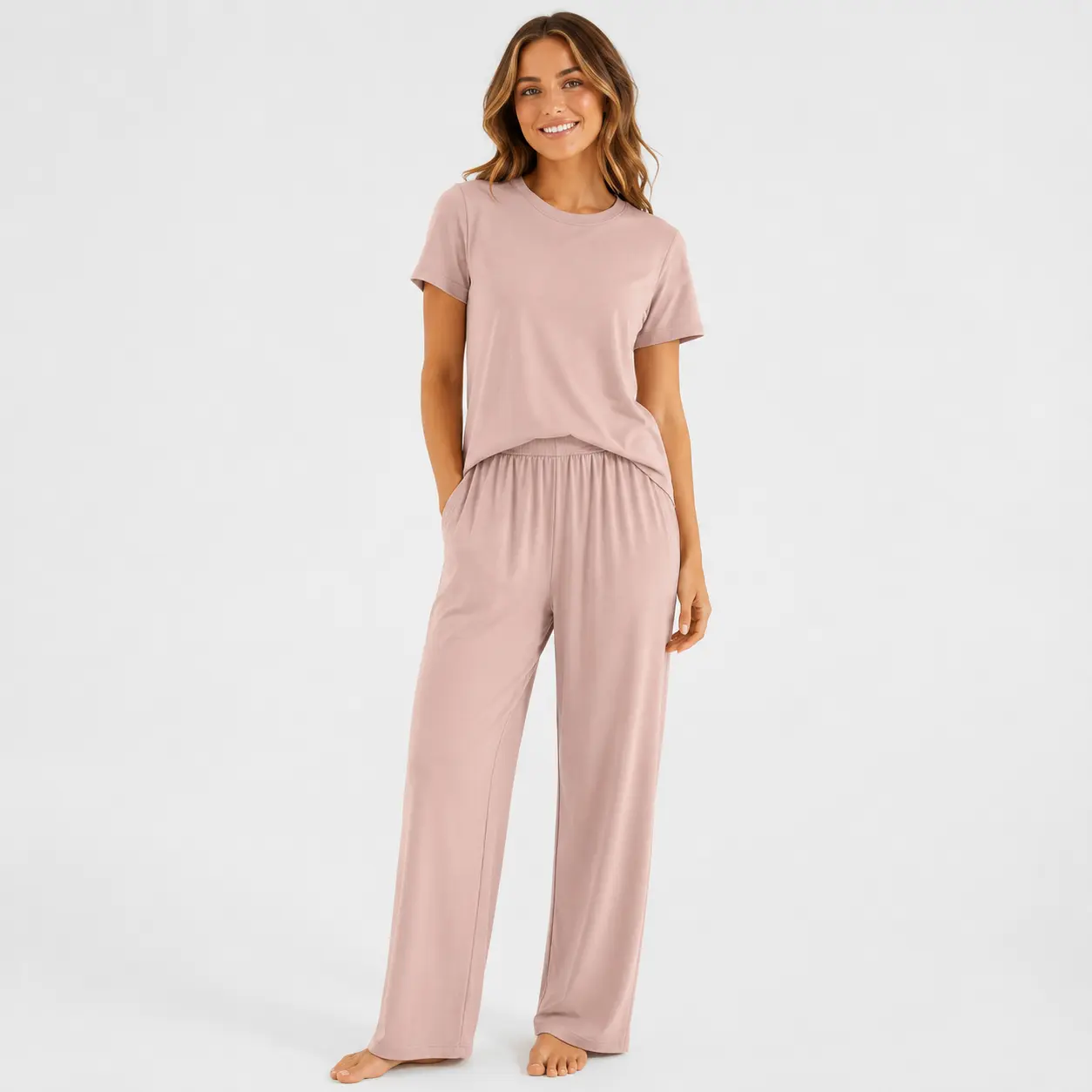 Women Dusty Pink 2 Piece Loungewear Matching Set, Crew Neck Short Sleeve Curved Hem T-Shirt + High Waist Elastic Pleated Wide Leg Pants With Side Pockets Soft Stretchy Knit Casual Daily Outfit