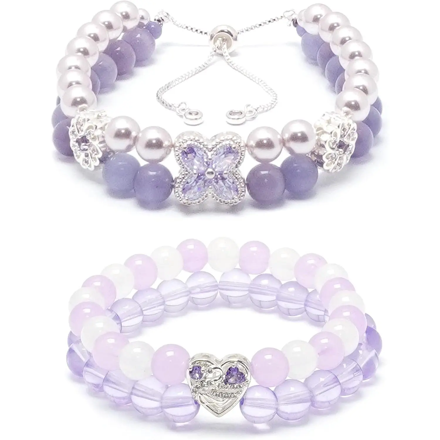 2 count Bracelet for Women,  Beaded Bracelet Cubic Zirconia Stretch Adjustable Heart Slider Bracelet Elegant   Summer Birthday