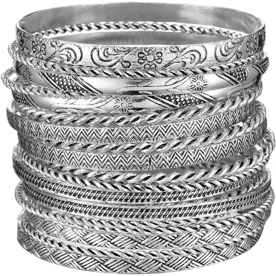 Flower  Metal Aztec  Indian  Bangle&Bracelets for Women Set of 19/2.68" Dia