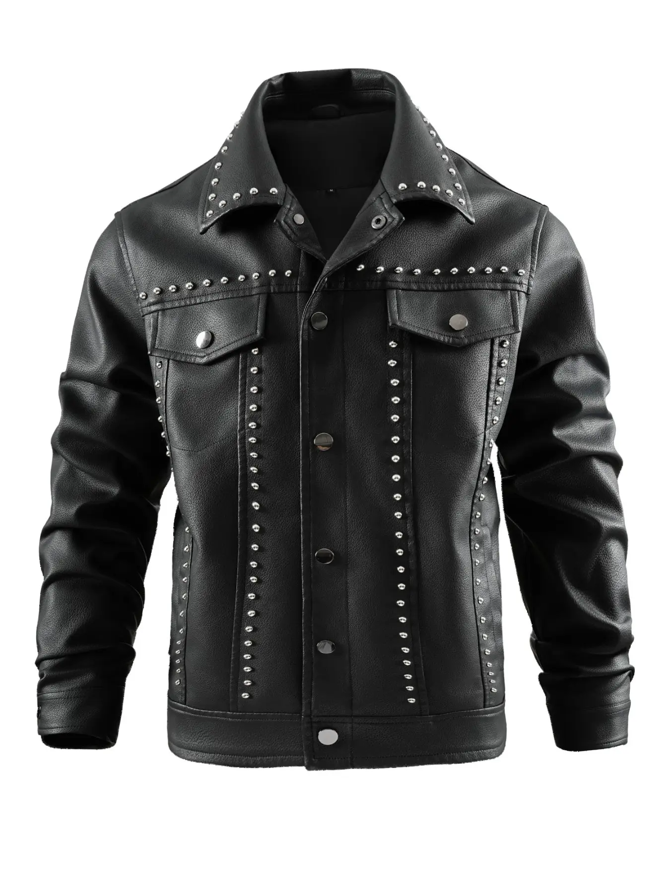 Single piece, men's spring and autumn PU leather jacket, motorcycle jacket, American retro, punk rock style, collar, access control and chest bag lined with regular rivets, suitable for outdoor motorcycle riding and personalized dressing