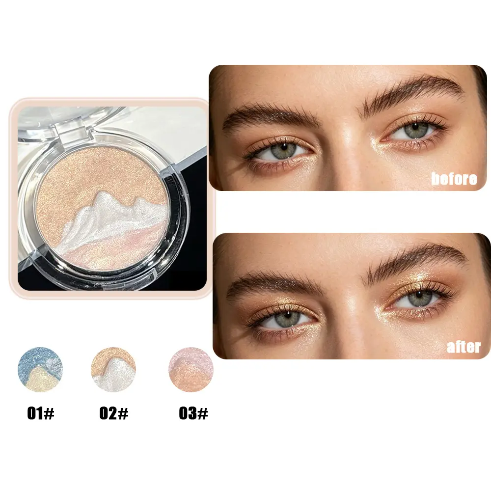 Crushed Shimmer Highlighter Powder, 3 Shades Gradient Glitter Face Highlight, Fine Smooth Texture Brightening Luminous Highlight Makeup for Cheekbone & Eyes