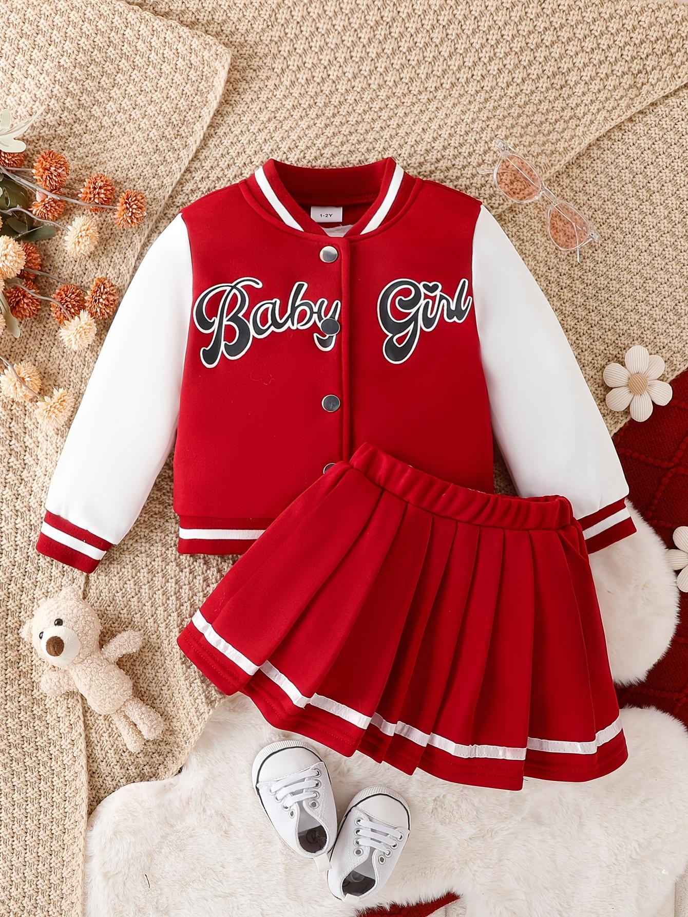 Kids Clothing Girls 2-Piece Preppy Look Set, Cotton Blend Baseball Jacket with Printed Letters + Pleated Skirt, Outdoor & Party Wear Gift