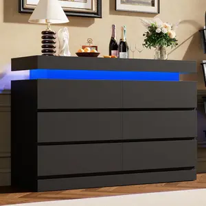 Modern 6 Drawer Dresser – LED Light & Charging Station – Open Shelf – Versatile as Bedside Table or TV Stand – Perfect for Bedroom, Living Room, Entryway, or Hallway Storage