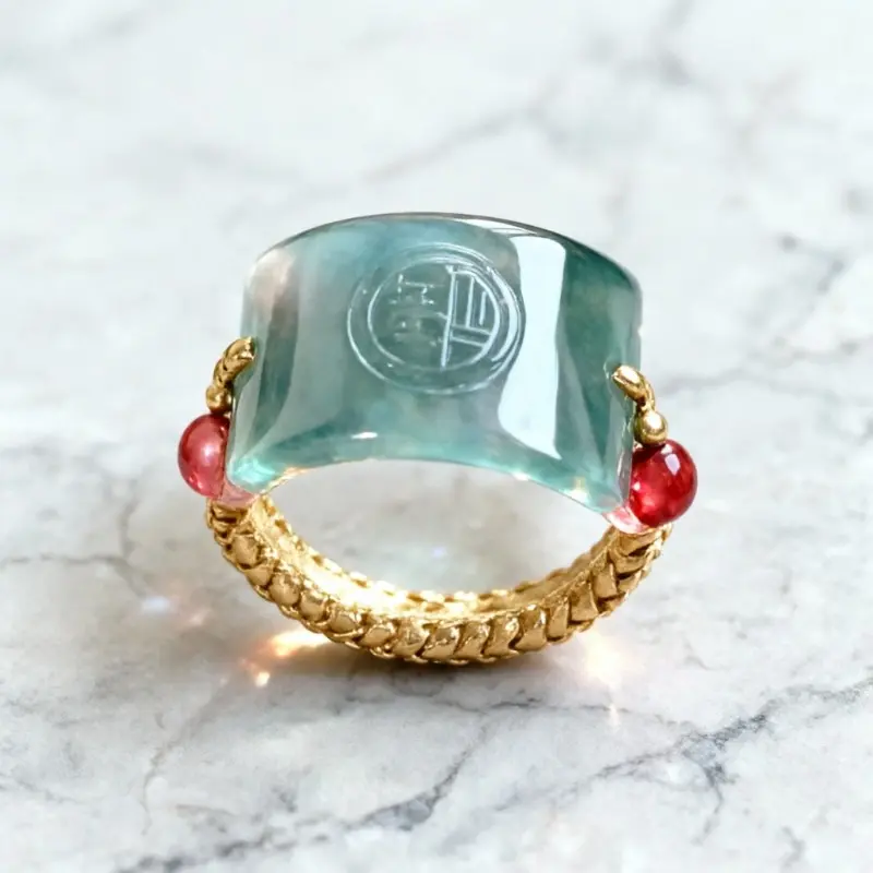 Jade-Like Chrysanthemum And 'Fu' Character Pendant Ring - This Product Features a Retro 'New Chinese Style' Design, Crafted with a Wide Braided Ring Band Adorned with Feng Shui Beads. Stylish And Refined, It Pairs Perfectly with Other Rings
