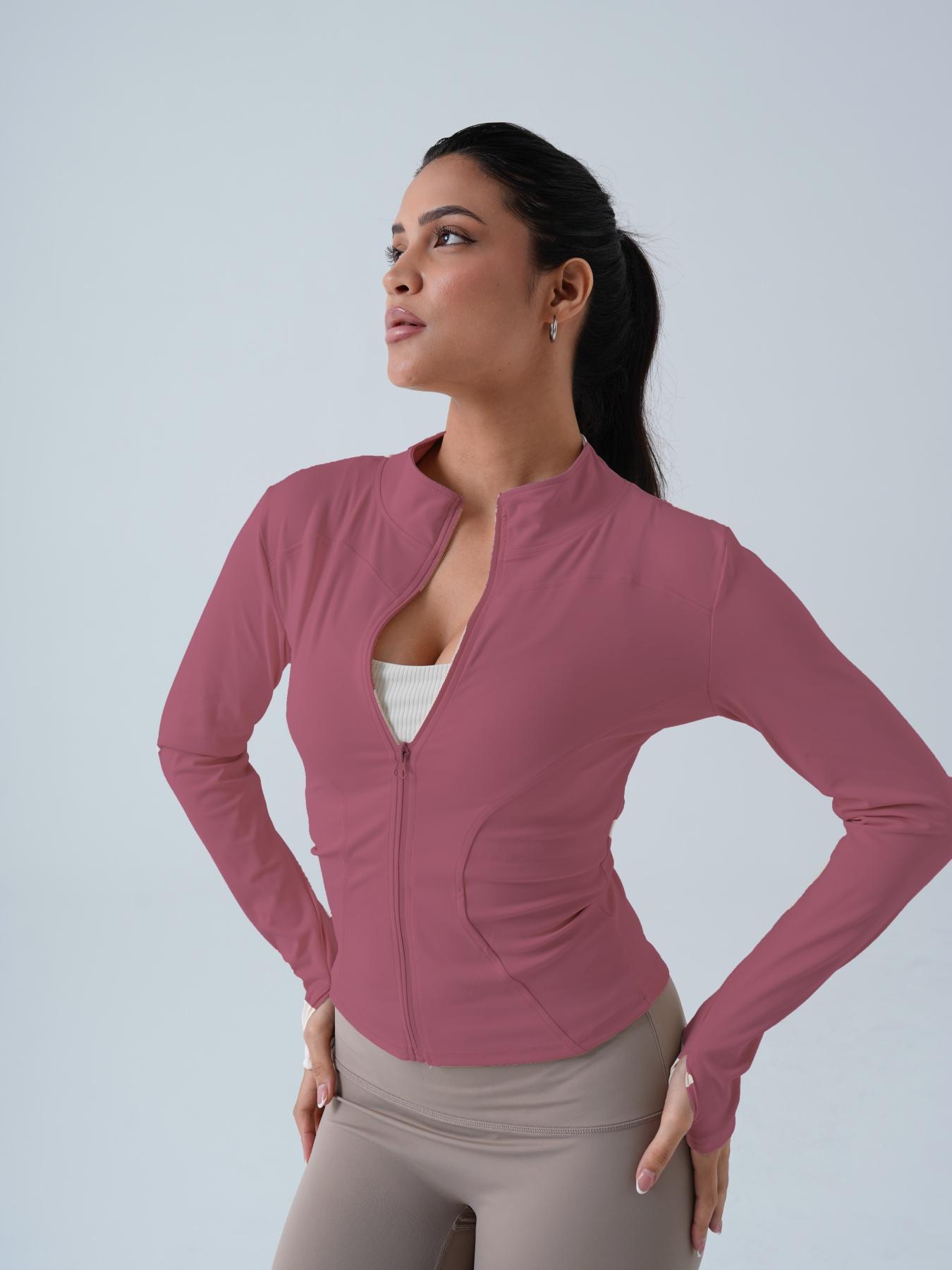 Women's Solid Zip-Up Sports Jacket, Sporty Long Sleeve Outerwear for Women, Ladies Sportswear for Indoor and Outdoor Wear