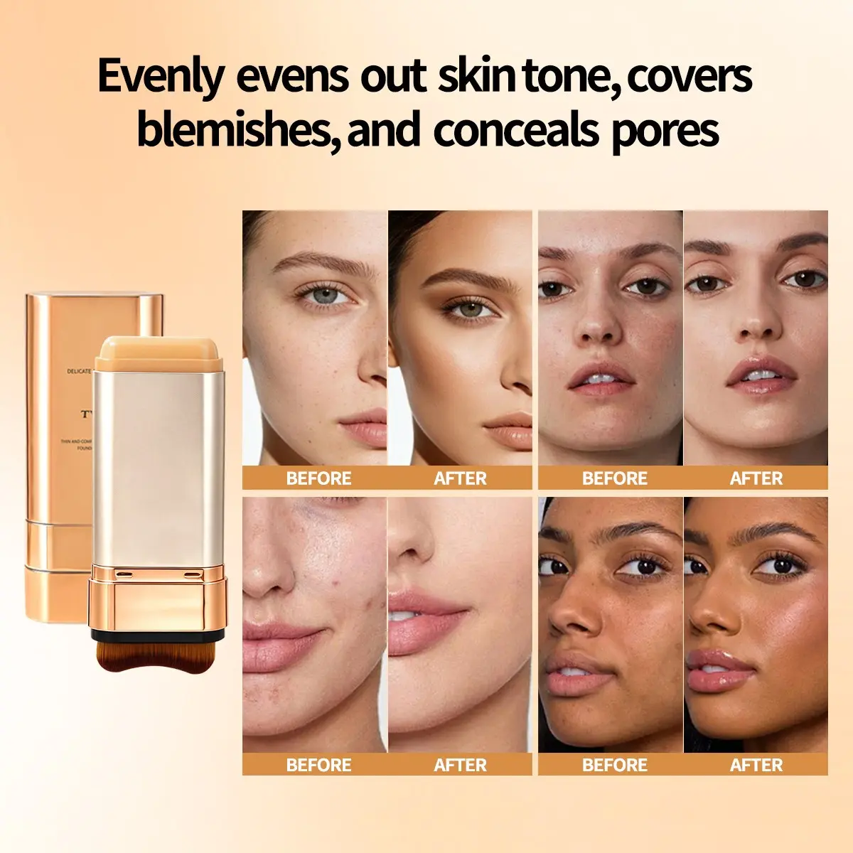 Waterproof Foundation Stick, Long-Lasting, Dual-Ended with  Brush, Smooth Texture, Flawless Finish, Suitable for Daily Makeup