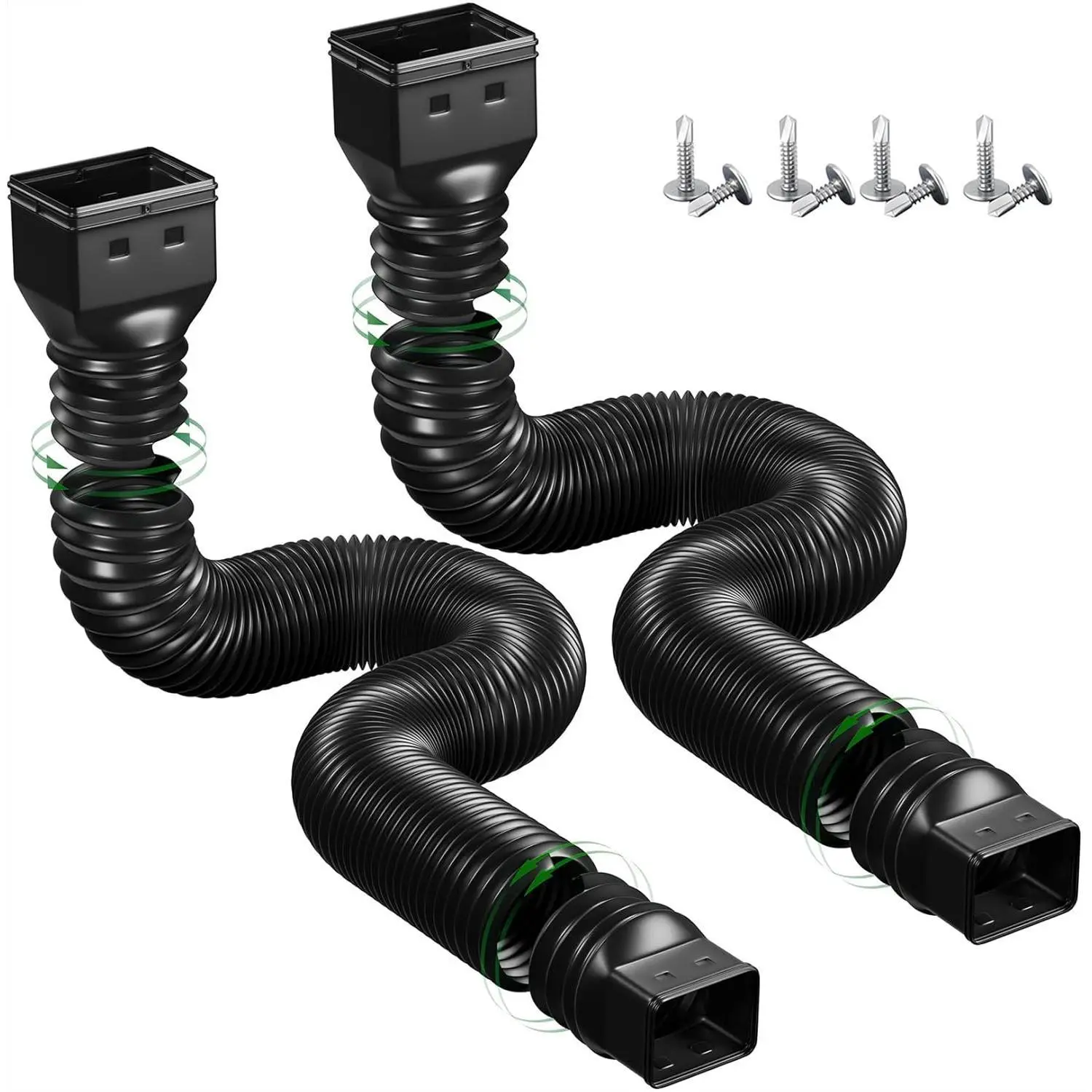 2 Pack Black Flexible Rain Gutter Downspout Extensions, Extendable 21-68 Inch Downspout Diverter, Comes With Mounting Screws for Home Drainage