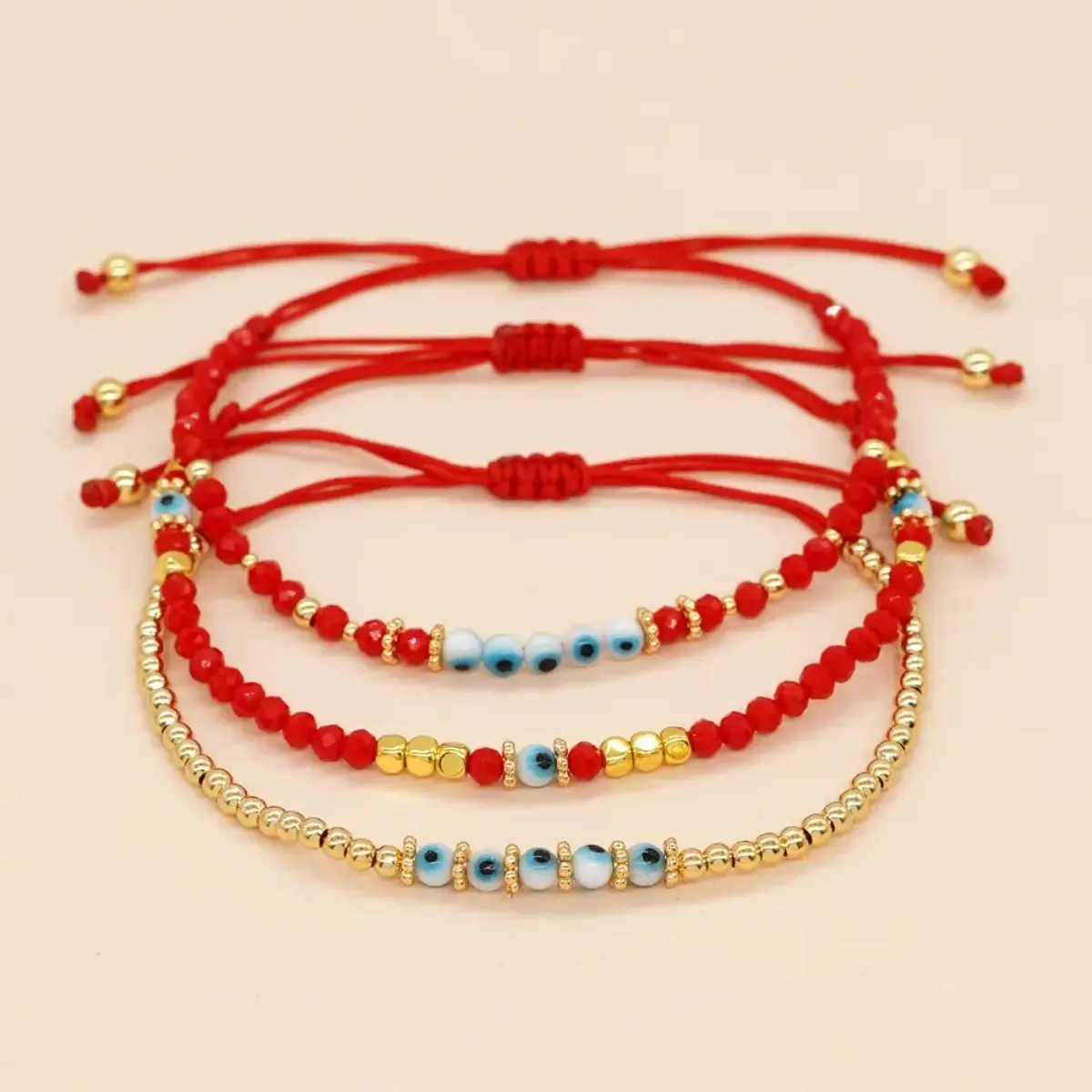 Unisex Evil Eye Friendship Bracelet, Gold Plated Adjustable Beaded Wrist Jewelry with Red Crystal Beads, Sporty Style Charm Accessory for Daily Wear, Summer Outfits and Gifts