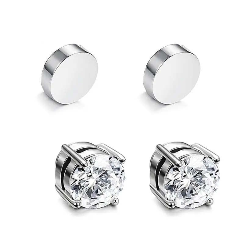High Quality Earrings Studs for Men - Fake Piercing Clip-On Ear Clips, Strong Magnet, Silver-Tone Stainless Steel, 6mm & 8mm Round AAA+ CZ Allergy-Free Polished Costume Jewelry