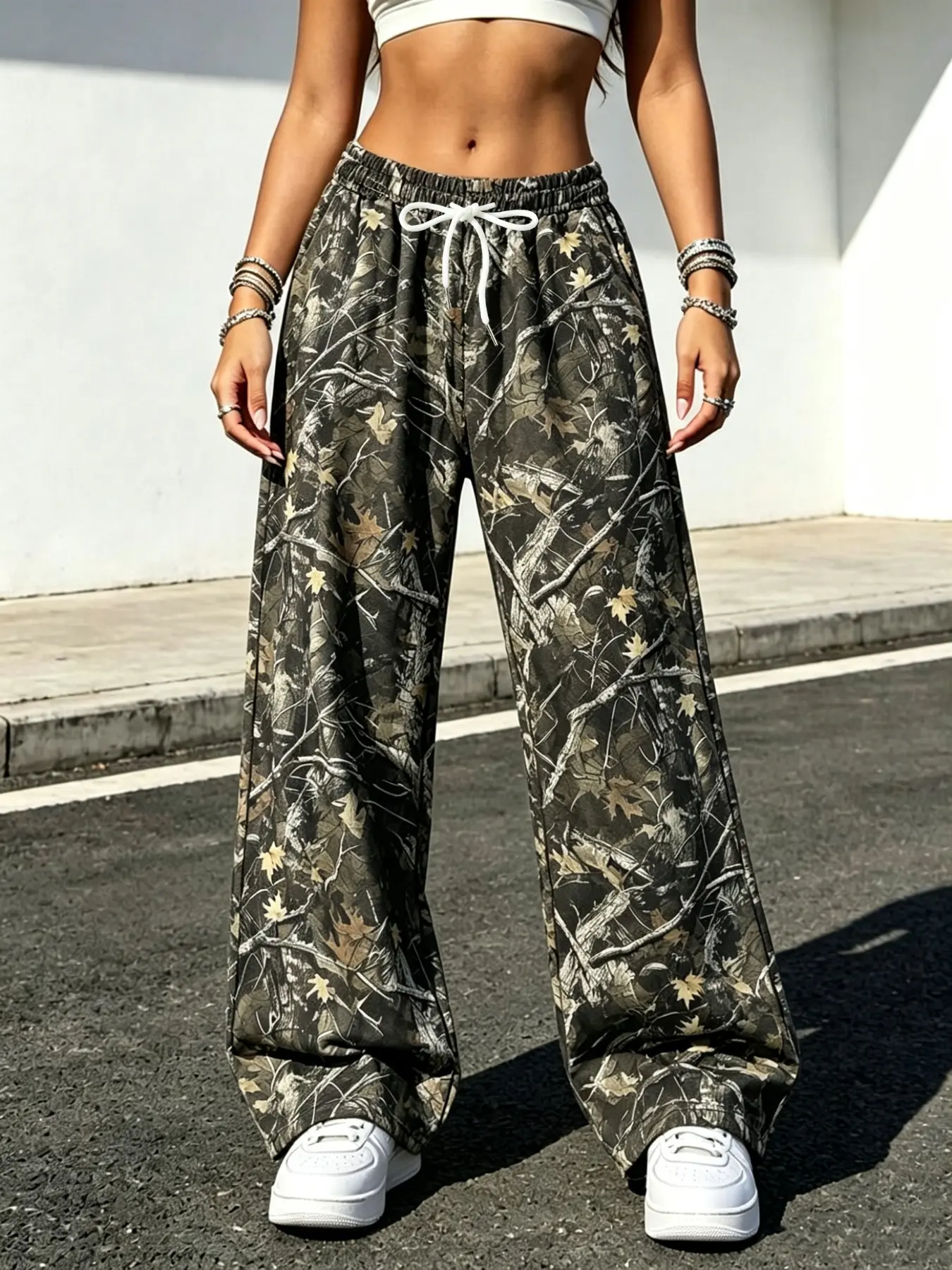 Women's Camouflage Leaf Pattern Wide Leg Long Pants, Drawstring Waist, Loose Fit, Casual Streetwear Style, Ankle Length, All Seasons
