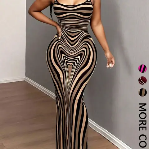 Women's Fitted Halter Dress, Y2K Style Mermaid Design, Striped, Asymmetrical Heart Stripes, Slimming Bodycon, Perfect for Dates, Parties, Travel
