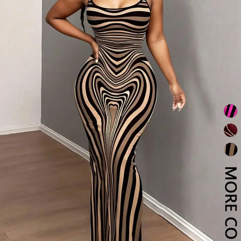 Women's Fitted Halter Dress, Y2K Style Mermaid Design, Striped, Asymmetrical Heart Stripes, Slimming Bodycon, Perfect for Dates, Parties, Travel