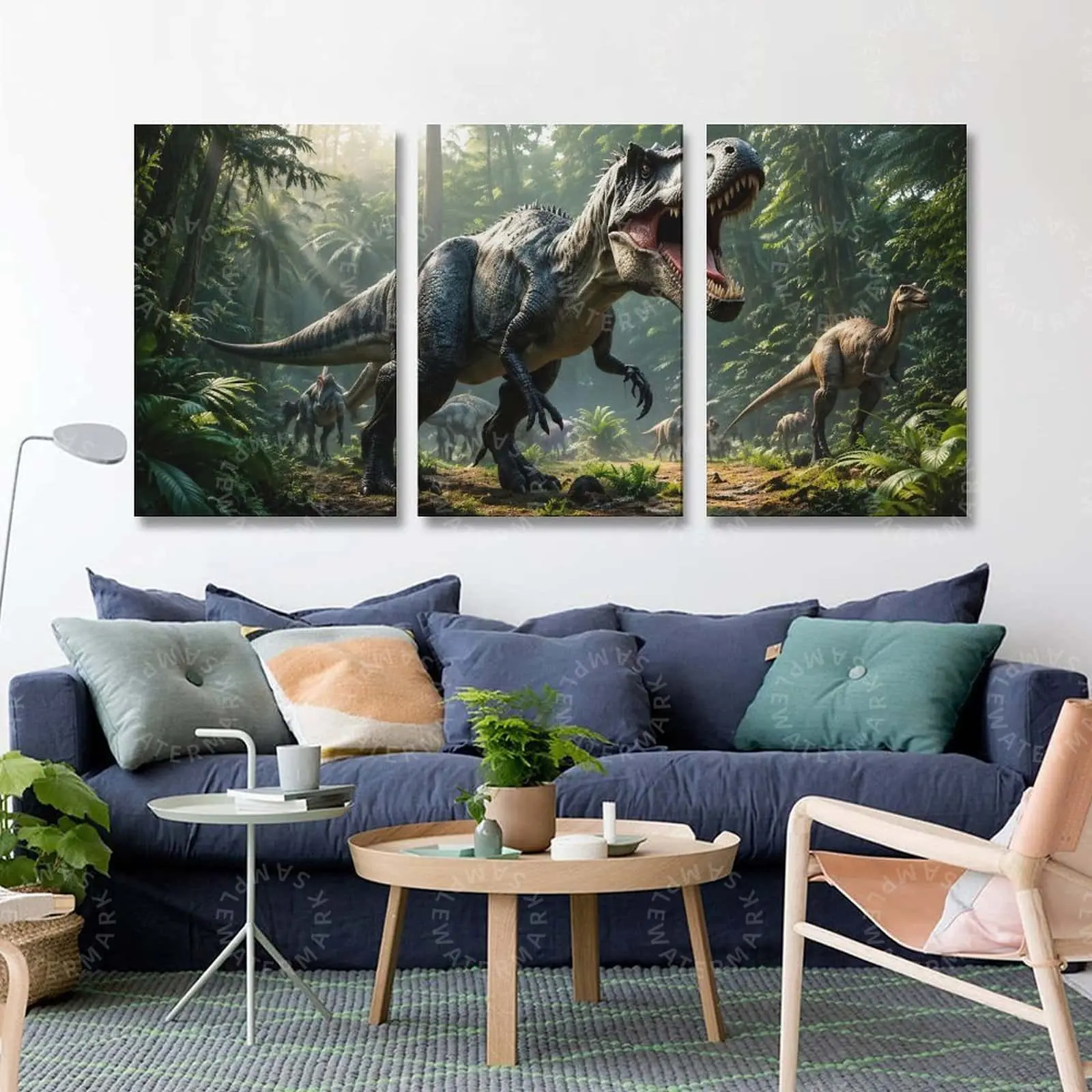 Roaring Dinosaur Jungle Triptych Wall Art, Prehistoric Forest Canvas Poster Set, T-Rex Inspired Print for Boys Bedroom, Kids Room, Living Room, Office, Gaming Room Decor, Dinosaur Lover Gift