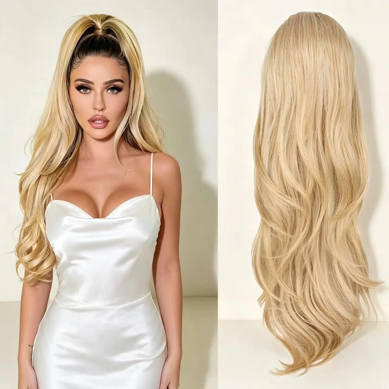 Trendy Voluminous Long Wavy Ponytail Wig, European and American Style Drawstring Ponytail, High-Temperature Fiber, Water Wave Texture