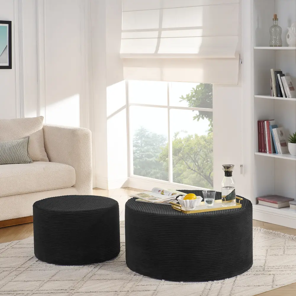 Minimalist Armless 2-Piece Round Pouf Ottoman Set - Cylindrical Upholstered Stools, High-Elastic Foam Filling, 2 Sizes, Lightweight, No Assembly, Multi-Use for Extra Seats & Footrest, Multiple Colors