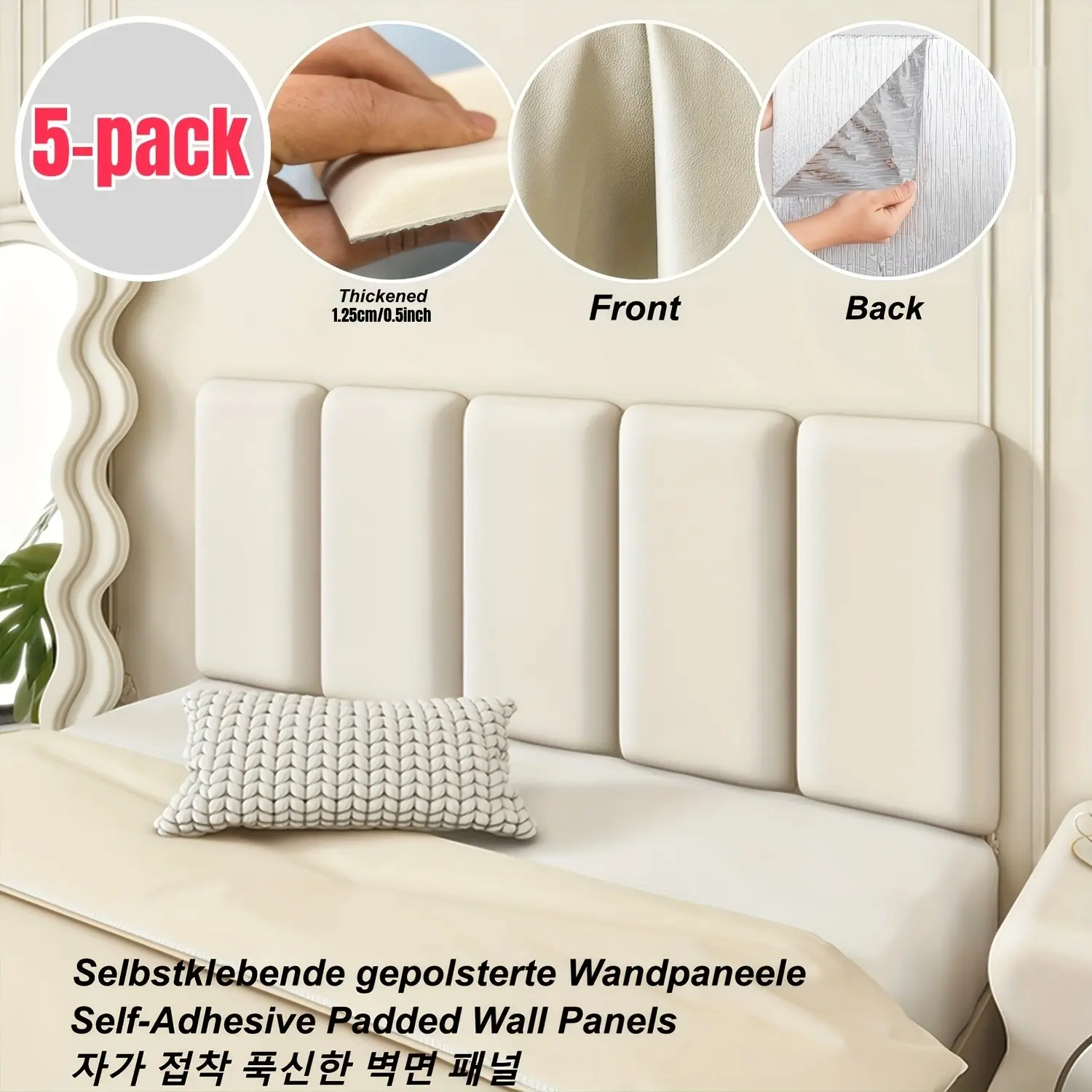 5-Piece Bed Headboard Set with Foam Padding, Modern Wall Decor, Easy Installation, Self-Adhesive Thickened Wall Panels, Insulated Bed Back Board